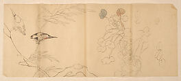 Two Studies of Birds on a Willow and Flowering Plants, Xie Zhiliu Chinese, Drawing; pencil, ink, and color on paper, China