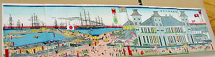 View of the Seafront at Yokohama and the British Trading House, Utagawa (Gountei) Sadahide  Japanese, Hexaptych of woodblock prints; ink and color on paper, Japan