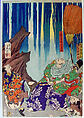 The Spirit of Akugenta Yoshihira Strikes Nanba Jirō during Kiyomori’s Visit to Nunobiki Waterfall, Tsukioka Yoshitoshi (Japanese, 1839–1892), Triptych of woodblock-printed books (nishiki-e); ink and color on paper, Japan