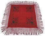 Square Shawl, Salmon pink ground, blue/green floral embroidery, fuchsia pink fringe, China for Western market