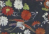 Piece from a Kosode with Crane and Chrysanthemums, Silk and metallic-thread embroidery on silk satin damask (rinzu), Japan
