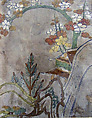 Piece from a Kosode with Pine, Bamboo, Blossoming Plum, and Partial Pavilion, Silk embroidery and gold leaf on silk satin, Japan