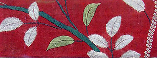 Pieces from a Kosode with Leafy Branches, Resist-dyed and painted silk satin damask (rinzu), embroidered with silk and metallic thread, Japan