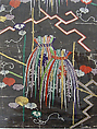 Piece from a Kosode with Decorated Rice Sheaves, Resist-dyed and painted silk satin damask (rinzu), embroidered with silk and metallic thread, Japan