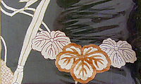 Textile with Leaves and Garden Fence, Resist-dyed and painted plain-weave silk crepe (chirimen), embroidered with silk, Japan