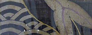 Piece from a Summer Kosode (katabira) with Partial Leaf and Stylized Waves, Resist dyed plain-weave bast fiber (asa), embroidered with silk, Japan
