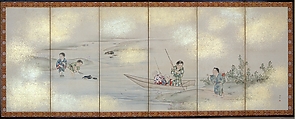 Children Playing in Summer and Winter, Maruyama Ōshin (Japanese, 1790–1838), Pair of six-panel folding screens; ink, color, and gold on paper, Japan