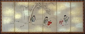 Children Playing in Summer and Winter, Maruyama Ōshin (Japanese, 1790–1838), Pair of six-panel folding screens; ink, color, and gold on paper, Japan
