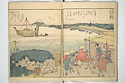 Panoramic Views of Both Banks of the Sumida River at a Glance (Ehon Sumidagawa ryōgan ichiran) 繪本隅田川兩岸一覧, Katsushika Hokusai 葛飾北斎 (Japanese, Tokyo (Edo) 1760–1849 Tokyo (Edo)), Set of three woodblock printed books; ink and color on paper, Japan