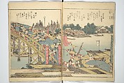 Panoramic Views of Both Banks of the Sumida River at a Glance (Ehon Sumidagawa ryōgan ichiran) 繪本隅田川兩岸一覧, Katsushika Hokusai 葛飾北斎 (Japanese, Tokyo (Edo) 1760–1849 Tokyo (Edo)), Set of three woodblock printed books; ink and color on paper, Japan
