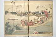 Panoramic Views of Both Banks of the Sumida River at a Glance (Ehon Sumidagawa ryōgan ichiran) 繪本隅田川兩岸一覧, Katsushika Hokusai 葛飾北斎 (Japanese, Tokyo (Edo) 1760–1849 Tokyo (Edo)), Set of three woodblock printed books; ink and color on paper, Japan