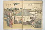 Panoramic Views of Both Banks of the Sumida River at a Glance (Ehon Sumidagawa ryōgan ichiran) 繪本隅田川兩岸一覧, Katsushika Hokusai 葛飾北斎 (Japanese, Tokyo (Edo) 1760–1849 Tokyo (Edo)), Set of three woodblock printed books; ink and color on paper, Japan