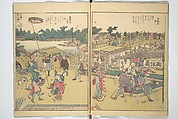 Panoramic Views of Both Banks of the Sumida River at a Glance (Ehon Sumidagawa ryōgan ichiran) 繪本隅田川兩岸一覧, Katsushika Hokusai 葛飾北斎 (Japanese, Tokyo (Edo) 1760–1849 Tokyo (Edo)), Set of three woodblock printed books; ink and color on paper, Japan