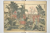 Panoramic Views of Both Banks of the Sumida River at a Glance (Ehon Sumidagawa ryōgan ichiran) 繪本隅田川兩岸一覧, Katsushika Hokusai 葛飾北斎 (Japanese, Tokyo (Edo) 1760–1849 Tokyo (Edo)), Set of three woodblock printed books; ink and color on paper, Japan