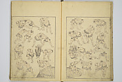 Transmitting the Spirit, Revealing the Form of Things, Volume 1 to 15 of Hokusai Sketchbooks (Denshin kaishu: Hokusai manga, shohen–jugohen) 伝神開手北斎漫画 初編-十五編, Katsushika Hokusai 葛飾北斎 (Japanese, Tokyo (Edo) 1760–1849 Tokyo (Edo)), Set of fifteen woodblock printed books; ink and color on paper, Japan
