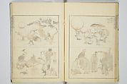 Transmitting the Spirit, Revealing the Form of Things, Volume 1 to 15 of Hokusai Sketchbooks (Denshin kaishu: Hokusai manga, shohen–jugohen) 伝神開手北斎漫画 初編-十五編, Katsushika Hokusai 葛飾北斎 (Japanese, Tokyo (Edo) 1760–1849 Tokyo (Edo)), Set of fifteen woodblock printed books; ink and color on paper, Japan