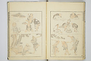 Transmitting the Spirit, Revealing the Form of Things, Volume 1 to 15 of Hokusai Sketchbooks (Denshin kaishu: Hokusai manga, shohen–jugohen) 伝神開手北斎漫画 初編-十五編, Katsushika Hokusai 葛飾北斎 (Japanese, Tokyo (Edo) 1760–1849 Tokyo (Edo)), Set of fifteen woodblock printed books; ink and color on paper, Japan
