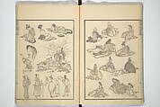 Transmitting the Spirit, Revealing the Form of Things, Volume 1 to 15 of Hokusai Sketchbooks (Denshin kaishu: Hokusai manga, shohen–jugohen) 伝神開手北斎漫画 初編-十五編, Katsushika Hokusai 葛飾北斎 (Japanese, Tokyo (Edo) 1760–1849 Tokyo (Edo)), Set of fifteen woodblock printed books; ink and color on paper, Japan