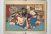 Weighing the Goods of Love (Enshoku shinasadame)  艶色品定女, Utagawa Kunimori II 二代歌川国盛画 (Japanese, active 1830–1861), Set of three woodblock-printed books (hanshibon); ink and color on paper, Japan