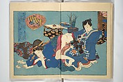 Weighing the Goods of Love (Enshoku shinasadame)  艶色品定女, Utagawa Kunimori II 二代歌川国盛画 (Japanese, active 1830–1861), Set of three woodblock-printed books (hanshibon); ink and color on paper, Japan