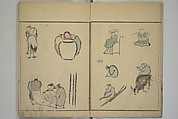 How to Draw Figures Simply (Jinbutsu ryakugashiki) 人物略画式, Kuwagata Keisai 鍬形蕙斎 (Japanese, 1764–1824), Set of three woodblock printed books; ink and color on paper, Japan
