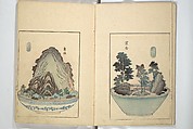 Views of Instructions for Bonsai along the Fifty-three Stations of the Tōkaidō (Tōkaidō gojūsantsugi hachiyama zue) 東海道五十三次鉢山図絵, Utagawa Yoshishige 歌川芳重 (Japanese, active 1840s), Set of two woodblock printed books; ink and color on paper, Japan