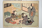 Floating Bridge of Heaven (Ama no ukihashi) 天野浮橋, Yanagawa Shigenobu 柳川重信 (Japanese, 1787–1832), Set of three woodblock printed books; ink and color on paper, Japan