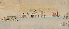 The Tale of Sumiyoshi, a) Painting section from a handscroll mounted as a hanging scroll; ink and color on paper
b) Calligraphy from handscroll section mounted as a hanging scroll; ink on paper, Japan