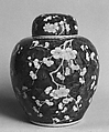 Covered jar with plum blossoms, Porcelain painted in underglaze cobalt blue (Jingdezhen ware), China