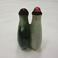 Twin Snuff Bottles, Green jadeite with rose quartz and red garnet stoppers, China