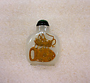 Snuff bottle, Onyx with jasper grasshopper, glass stopper, China