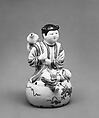 Water Dropper in the Shape of a Youth Seated on a Drum and Holding a Gourd on His Back, Porcelain decorated with overglaze enamel colors (Arita ware, Kakiemon style), Japan