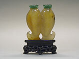 Double Snuff Bottle, Murrhina agate with green jadeite stoppers; wood stand, China