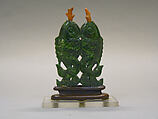 Double Snuff Bottle, Chloromelanite jadeite with coral stoppers; wood stand, China