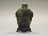 Snuff Bottle, Black and gray nephrite with green jadeite stopper, China