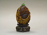 Snuff Bottle, Old amber with green glass stopper, wood stand, China