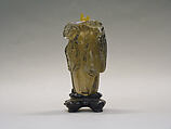 Snuff Bottle, Smoky crystal with glass stopper, wood stand, China