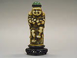 Snuff Bottle, Carved ivory with green glass stopper, China