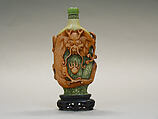 Snuff Bottle, Colored ivory with green jadeite stopper, China