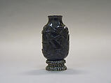 Snuff Bottle, Black tourmaline with pink tourmaline stopper, silk stand, China