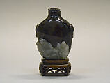 Snuff Bottle, Black and gray quartz(?) with silver and jadeite stopper, China