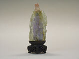 Snuff Bottle, Green tourmaline, the interior stained blue, with pink tourmaline stopper, wood stand, China