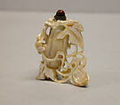 Snuff Bottle, Cut shell with silver stopper and red stone, China