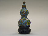Snuff Bottle, Cloisonné enamel with metal and enamel stopper, wood stand, China