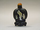 Snuff Bottle, Lacquer inlaid with mother-of-pearl, amber stopper, China