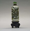 Snuff Bottle, Biscuit porcelain decorated with brown black enamels, green glass stopper, China