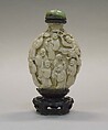 Snuff Bottle, White porcelain with green jadeite stopper, China