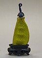 Snuff Bottle, Yellow crackled porcelain with enameled metal stopper, wood stand, China