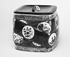 Water jar, Porcelain with polychrome enamel designs on all sides; lacquer lid, Japan