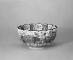 Small Scalloped-shape Bowl with Design of Vertical Floral Bands and Chinese Children on Bottom of Interior, Earthenware with polychrome and gold overglaze enamels (Satsuma ware), Japan